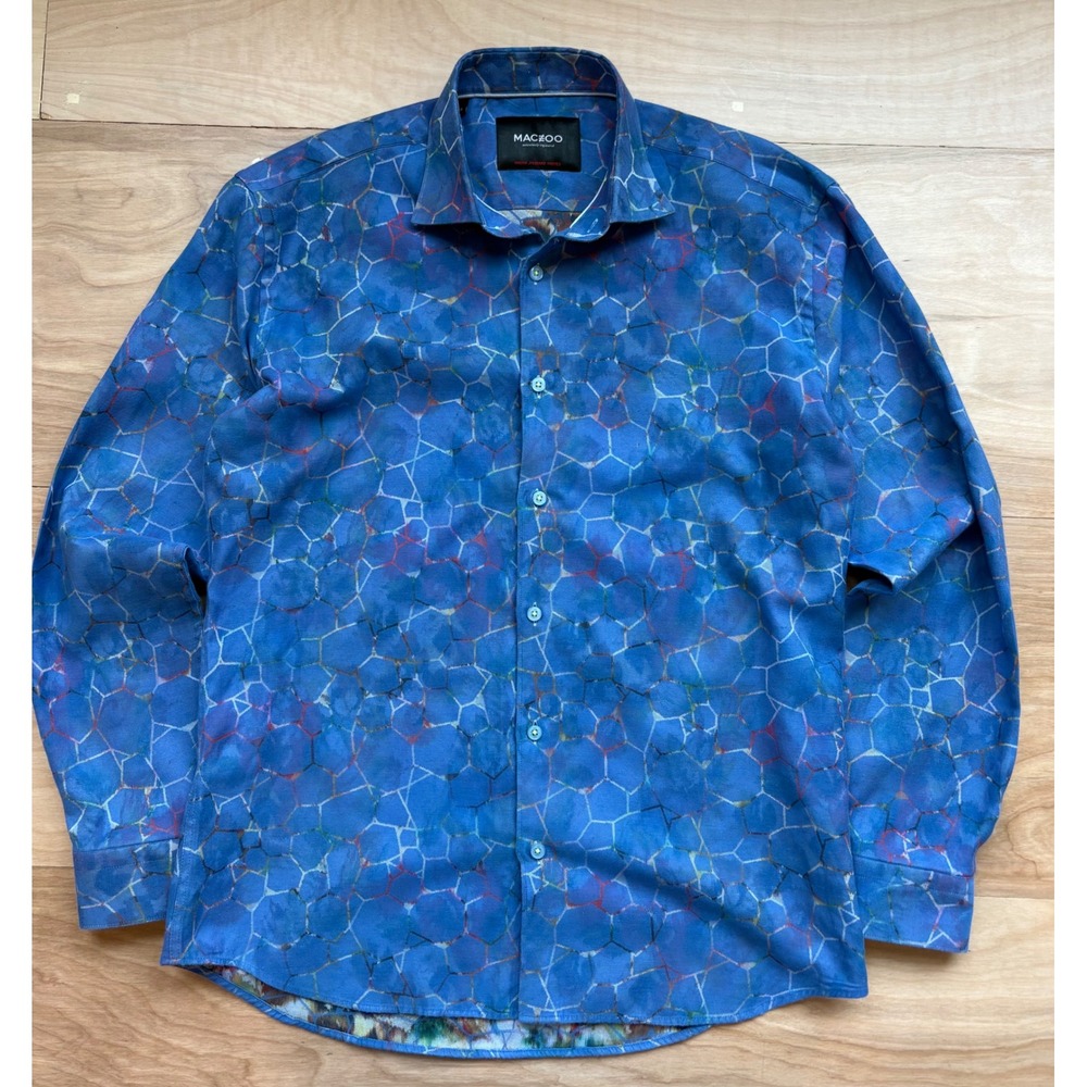 Maceoo Mens Blue Geometric Italian Jacquard Button Down Shirt Size 4 L Colorful